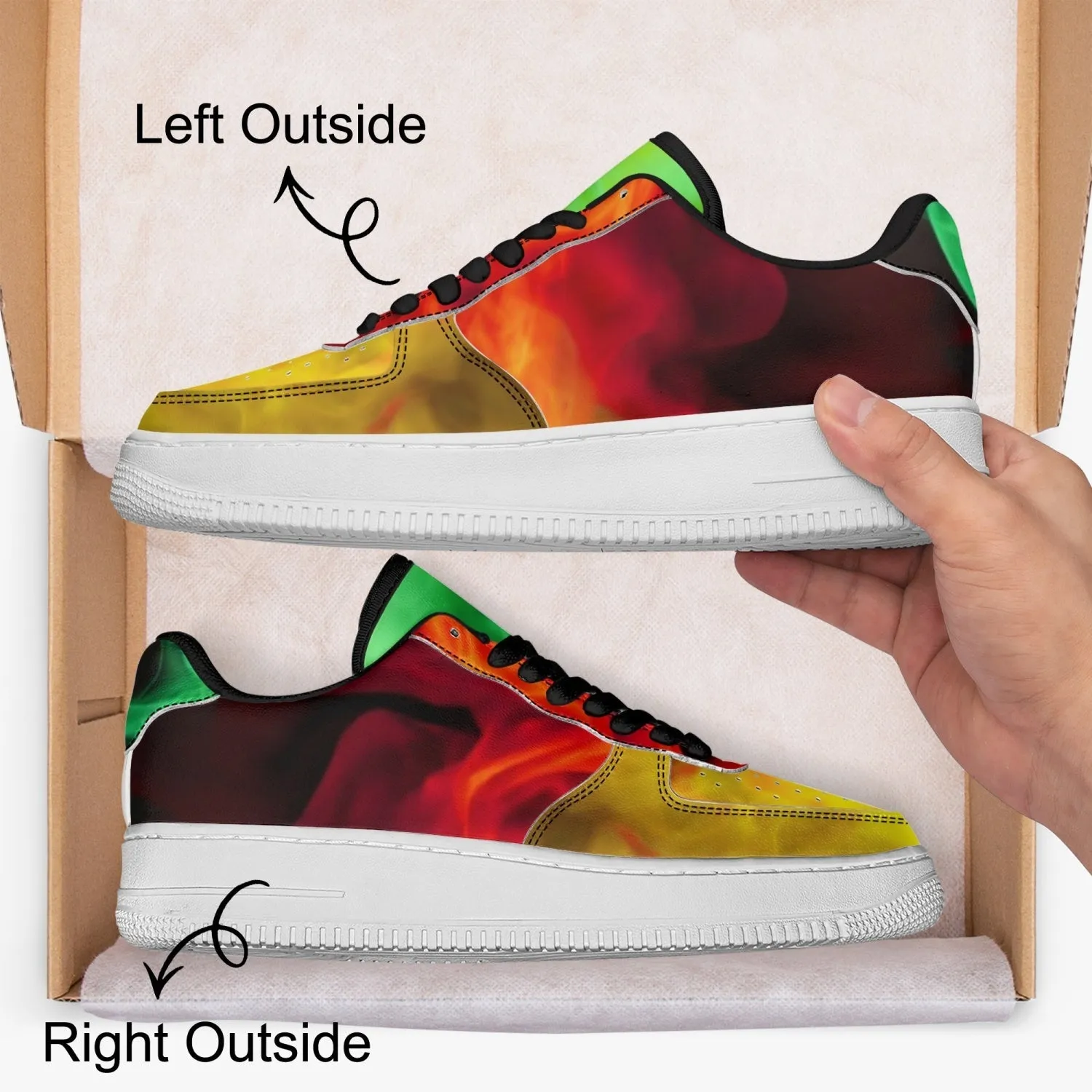 Basket basse de sport en cuir "Fumée verte, jaune et rouge"(977)