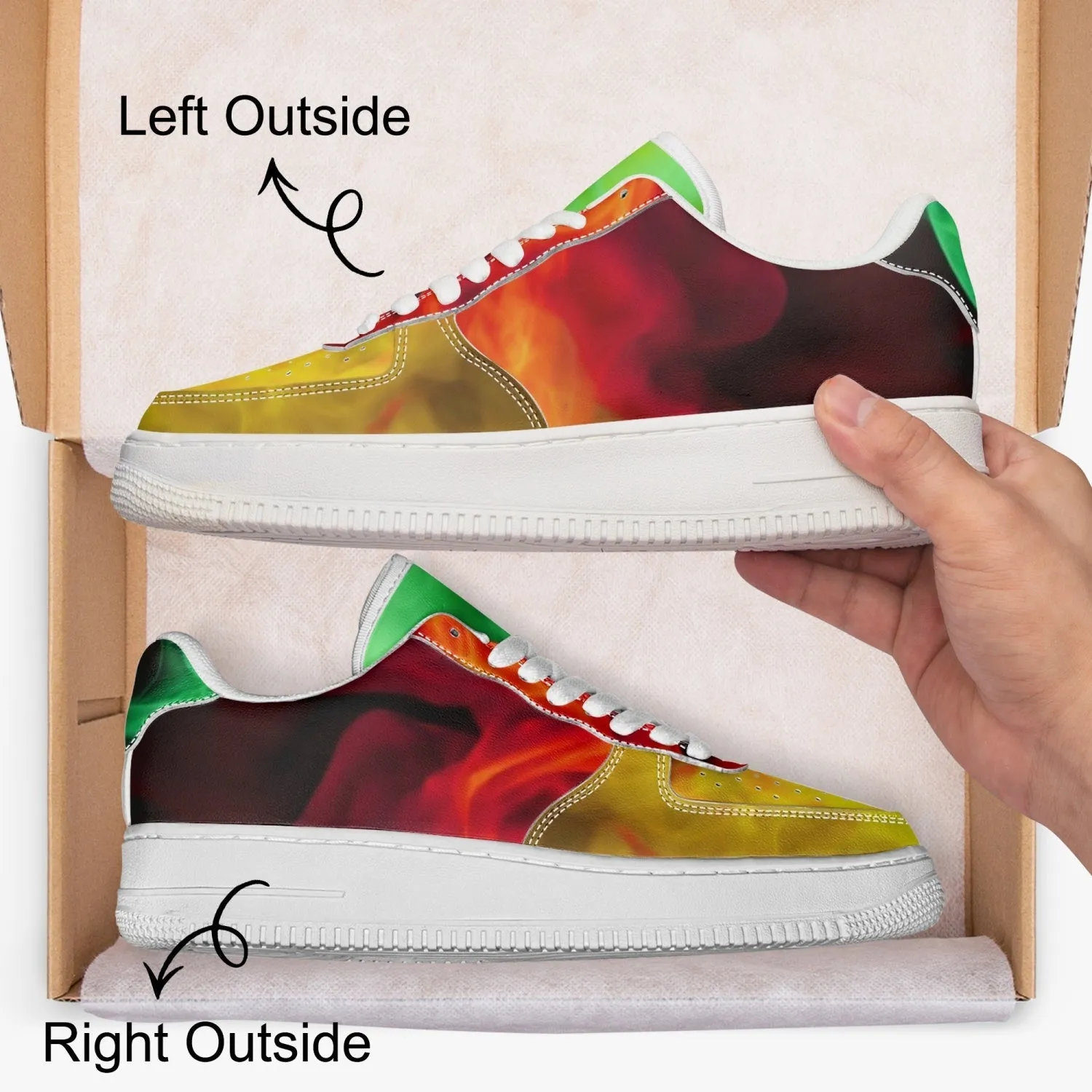 Basket basse de sport en cuir "Fumée verte, jaune et rouge"(977)